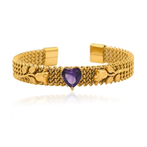 Detail of 18K gold plated mesh bangle with purple heart crystal and floral motifs