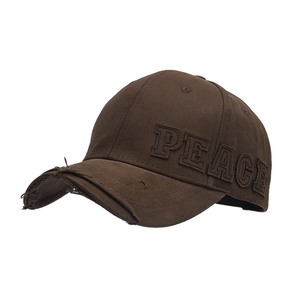 Distressed dark brown baseball cap with PEACE embroidery and torn brim detail