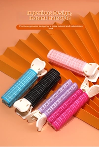 Colorful hair root clips in five shades with velcro rollers and white plastic clamps