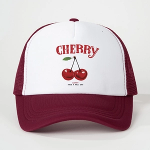 Retro red and white cherry trucker hat with adjustable mesh back and printed lettering