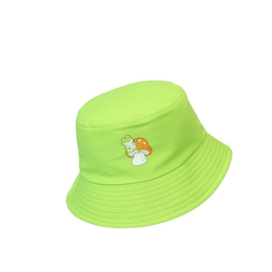 Bright green cotton bucket hat featuring frog playing guitar on mushroom embroidery