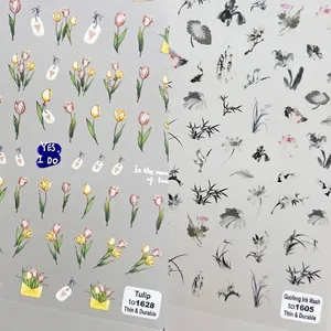 5D Nail Art Stickers Ultra Thin Tough Self Adhesive Chinese Ink Style Floral Lotus Tulip Pattern Manicure Decoration