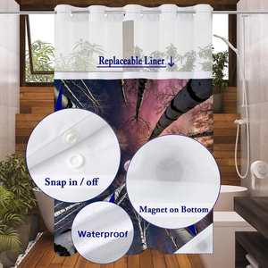 Detail view of birch forest shower curtain with snap-in liner and weighted magnetic bottom
