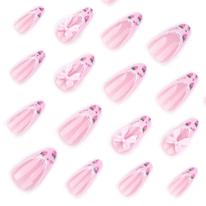 French strawberry press-on nails with 3D bows and lace design in almond shape