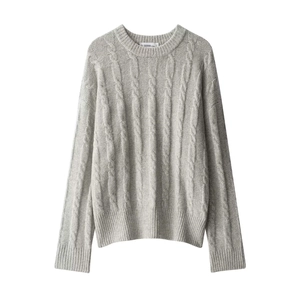 Women Crew Neck Cable Knit Sweater Long Sleeve Solid Grey Thick Warm Pullover Knitwear