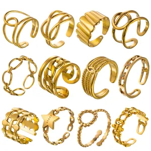 Titanium Steel 18K Gold Plated Open Ring For Women Men Adjustable Star Heart Sun Line Chain Hollow Minimalist Jewelry