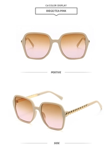 Front and side views of beige square oversized sunglasses with gold chain detail temples