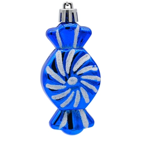 Detailed view of blue candy-shaped Christmas ornament with silver glitter swirls