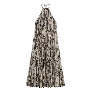 Women Animal Print Halter Maxi Dress Sleeveless Leopard Elegant Summer Chiffon Feel Polyester Long Dress For Ladies