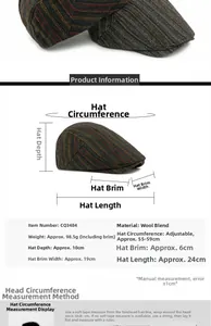 Size chart for wool blend newsboy cap with measurements for circumference and brim