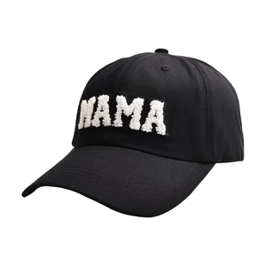 Classic black baseball cap featuring white chenille Mama patch with a curved brim