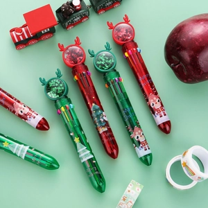 Christmas ten-color ballpoint pen with sequins and cartoon deer in festive green and red