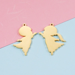 Polished gold stainless steel boy and girl silhouette pendants on a split-color background