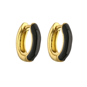 Detailed macro view of gold hoop earrings with black enamel coating and snap closure