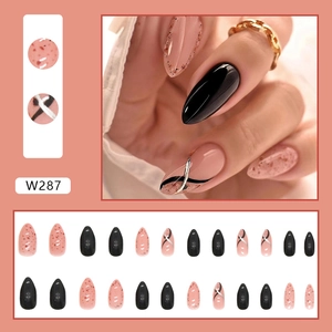 Minimalist pink and black almond press-on nails with silver glitter lines and W287 design