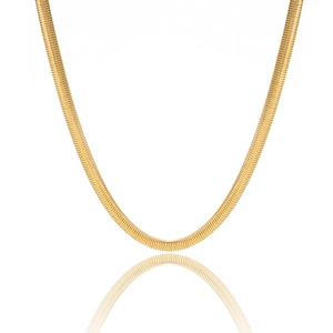 Close-up of flat 18K gold plated stainless steel snake chain necklace with mirror reflection