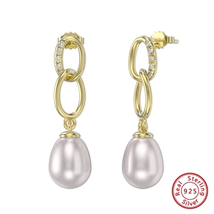 925 Sterling Silver Gold Link Earrings with Micro-pave Zircon and Teardrop Pearl