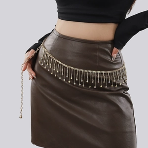 Detail of silver rhinestone fringe waist chain on dark brown leather skirt FD48993184