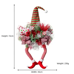 Christmas elf legs wreath with red and green ribbons, 72cm height holiday decoration