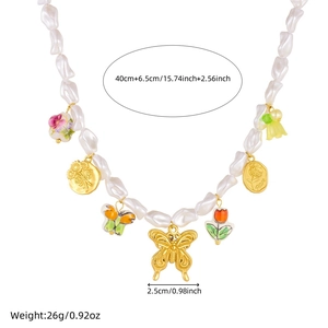 Baroque pearl necklace with colorful enamel flowers and butterfly charms, 40cm length
