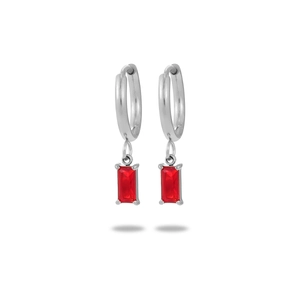 Minimalist silver titanium steel hoop earrings with rectangular red zircon pendants
