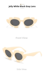 Front and side view of jelly white sunflower shaped sunglasses with dark grey lenses