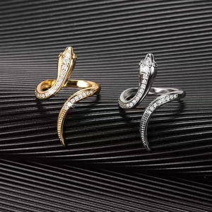 Hip Hop Style Copper Snake Ring For Women Men Adjustable Open Ring Rhinestone Inlaid Fashion Animal Jewelry Gold Silver Ring