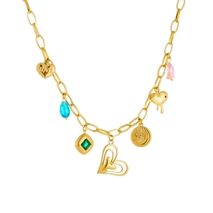 Gold layered heart pendant necklace with blue teardrop and green gemstone on chain