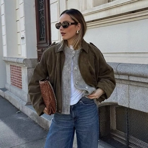 Giacca Bomber Da Donna In Finto Camoscio Con Colletto A Rever E Zip Oversized Streetwear Autunno Inverno