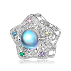 S925 silver star bead with moonstone center and five small colorful gems on white background