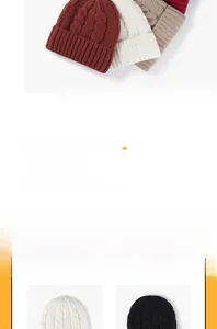 Detailed view of winter cable-knit beanies in multiple colors with thick ribbed cuffs