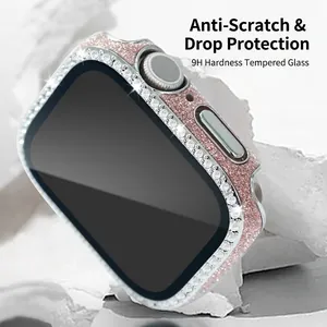 Coque rose doré pailleté pour Apple Watch avec strass et protection d'écran en verre 9H