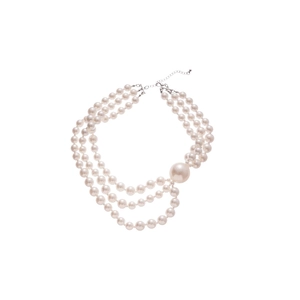 Elegant triple-layered faux pearl necklace with silver accents on a clean white background