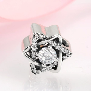 Sparkling S925 sterling silver hexagram star charm with zircon for DIY bracelets