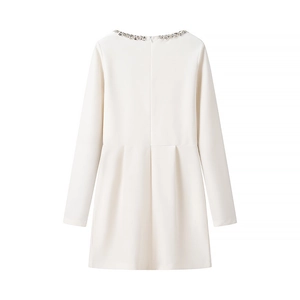Elegant white long sleeve velvet dress for women with beaded collar and back view