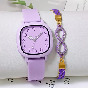 Detail view of a square purple watch with Arabic numerals and matching infinity bracelet