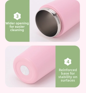 Detail view showing large opening for easy cleaning and anti-slip base of pink insulated cup