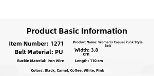 Specifications table showing 3.8cm PU punk belt details with iron buckle and dimensions