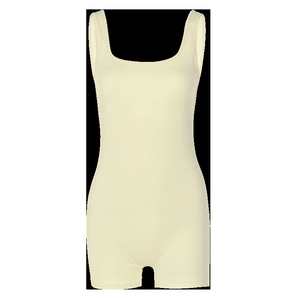 Detail of light yellow sleeveless bodycon jumpsuit with smooth round neckline texture