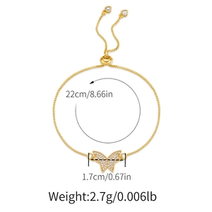 Size chart for adjustable gold butterfly bracelet with 22cm circumference and 2.7g weight