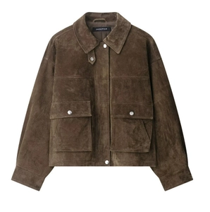 Women Suede Bomber Jacket Solid Color Lapel Long Sleeve Flap Pockets Casual Streetwear Button Up Short Coat