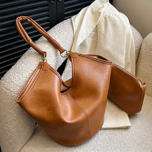 Women Tote Bag And Pouch PU Leather Large Capacity Vintage Minimalist Underarm Shoulder Bag Chic