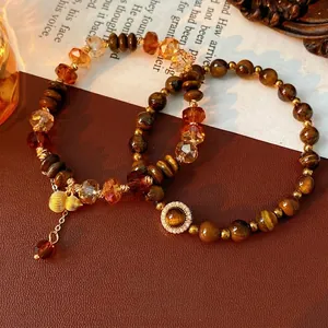 Bracelet Perlé En Pierre Œil De Tigre Rétro Pendentif Gourde En Cuivre Plaqué Or Incrusté De Zircon Bijoux Pour Femmes