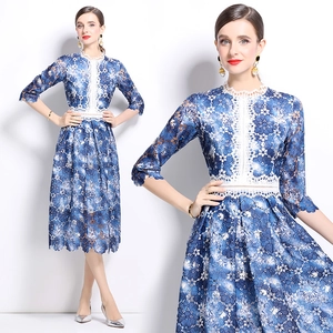 Women Elegant Floral Lace Midi Dress Hollow Out Embroidery White Trim Three Quarter Sleeve A-Line Cocktail Party