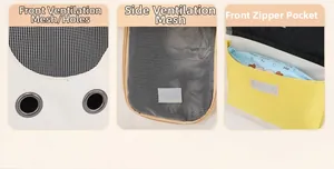 Detail view of pet carrier showing breathable mesh windows and yellow front storage pocket