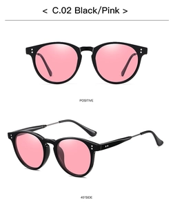 Front and 45-degree side view of vintage round black sunglasses with pink lenses