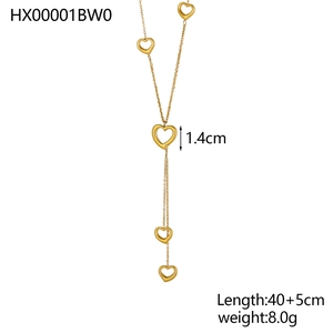 Detail of 18k gold plated Y-necklace with five hollow heart pendants and dimensions