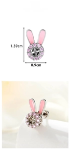 Detail showing pink rabbit earring dimensions 1.39cm by 0.9cm with zircon and enamel