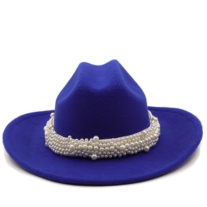 Royal blue wool fedora hat for women with elegant pearl beaded band decoration