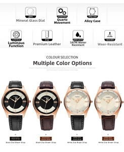 Multiple color options for quartz watch with leather straps and alloy cases